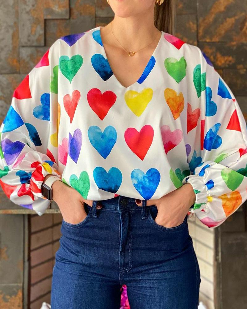 

Colorful Heart Print V-Neck Lantern Sleeve Top, Multicolor