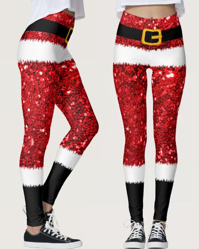 

Christmas Contrast Paneled Graphic Print High Waist Leggings, Red