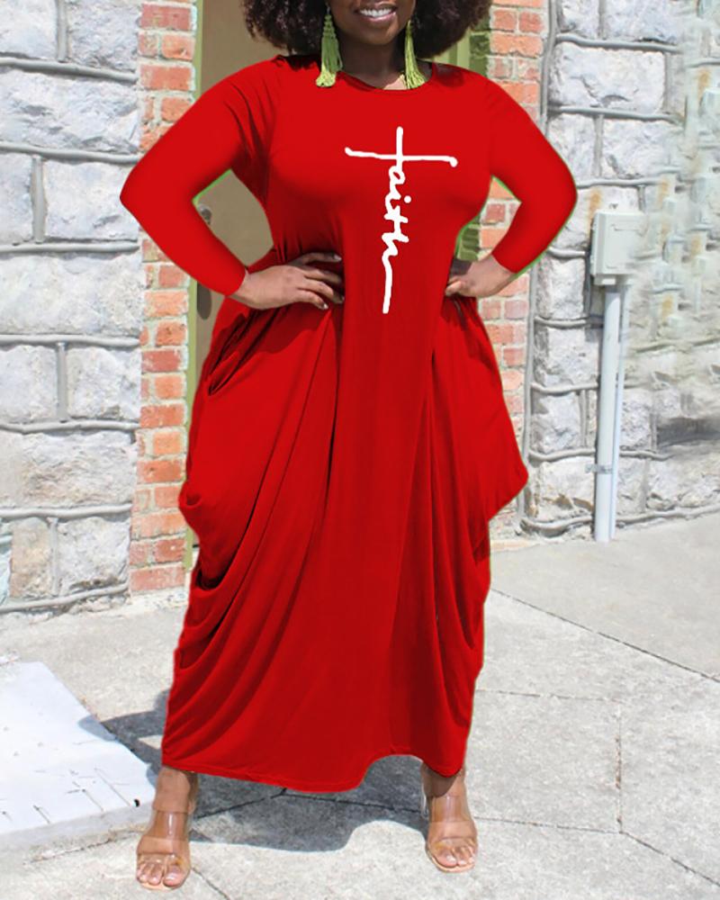 

Plus Size Letter Print Long Sleeve Asymmetrical Maxi Dress, Red