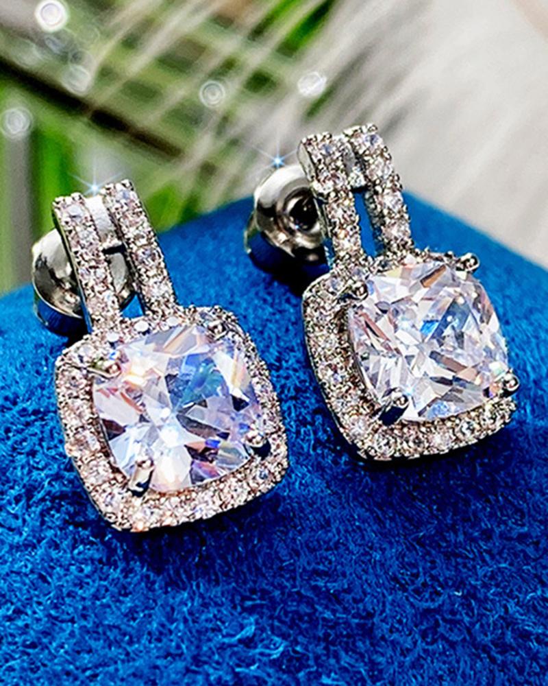 

1Pair Geometric Rhinestone Zircon Hollow Out Earrings, Silver