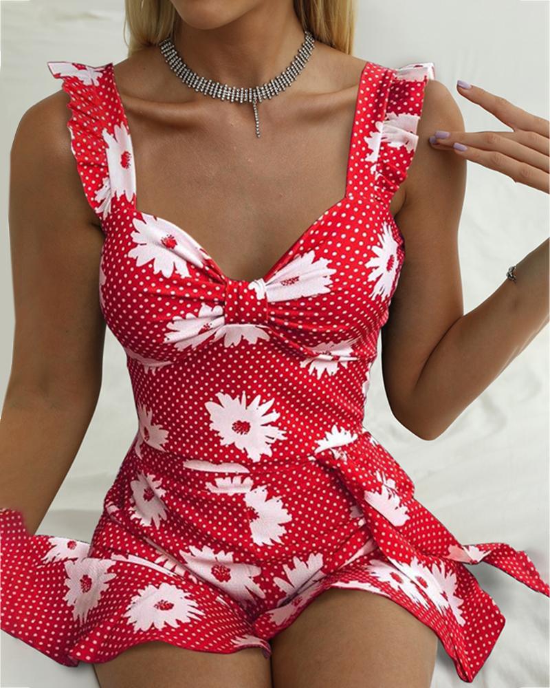 

Flower Dots Print Women Top & Short Sets, Red