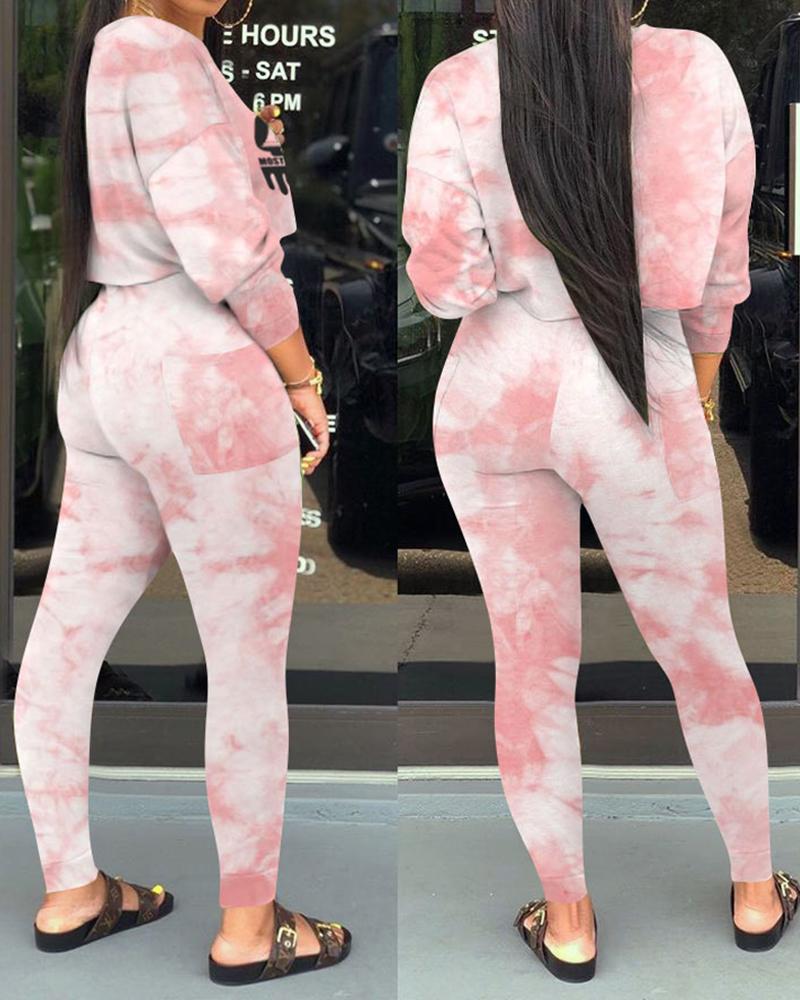 

Tie Dye Letter Print Top & High Waist Pants Set, Pink
