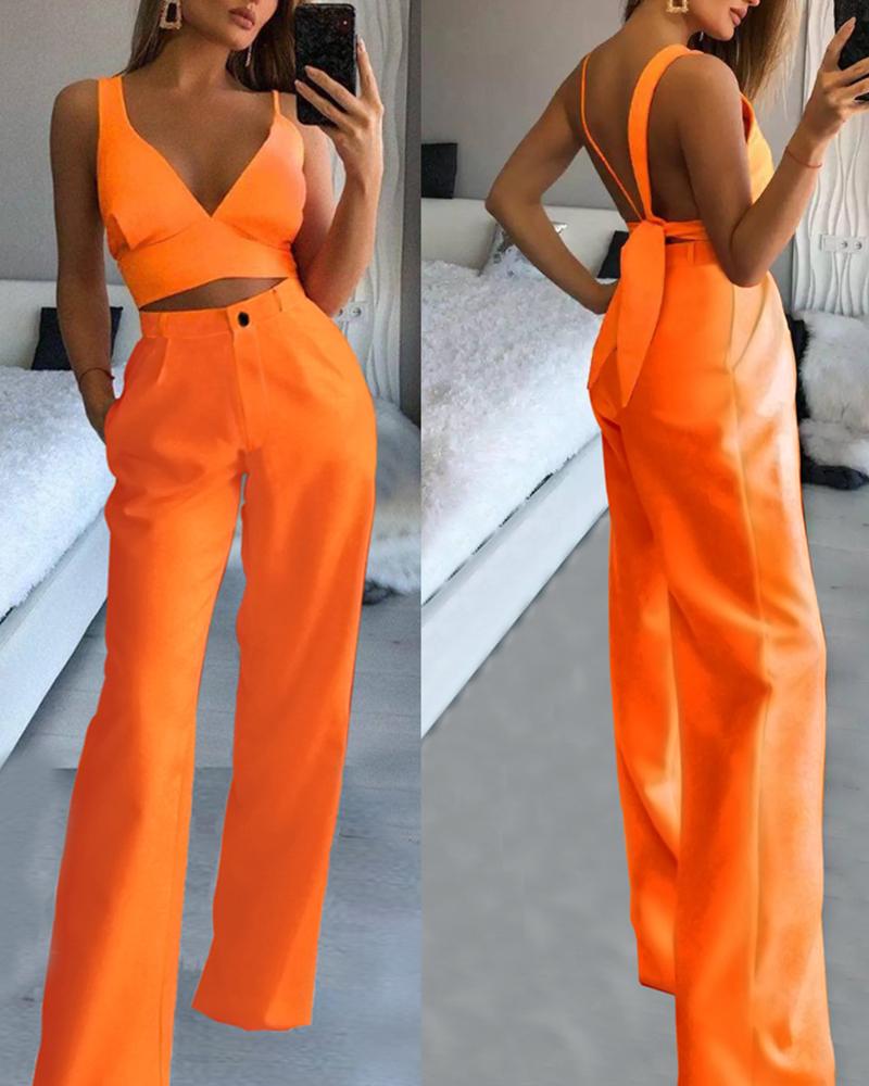 

Plunge Crop Tank Top & Straight Leg Pants Set, Orange