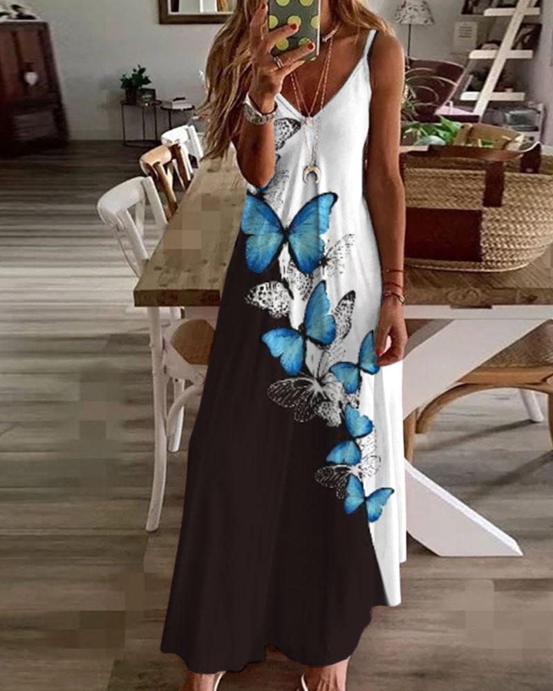 

Butterfly Print Colorblock Spaghetti Strap Maxi Dress, White