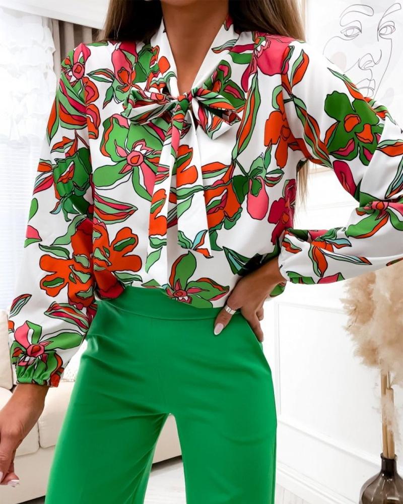 

Floral Print Tie Neck Long Sleeve Shirt, Multicolor