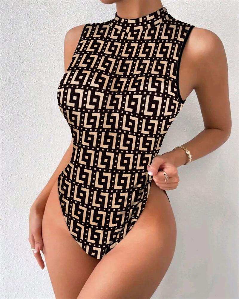 

Geometric Print Sleeveless Skinny Bodysuit, Black