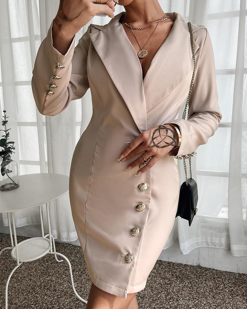 

Button Design Long Sleeve Skinny Work Dress, Apricot