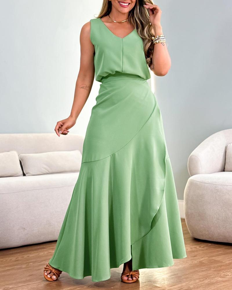 

Top sem mangas com decote em V, babados, saia em camadas de cintura alta, conjunto de saia elegante, Green