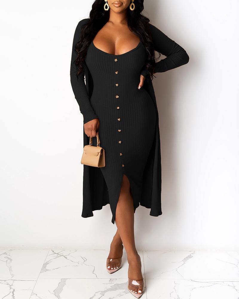 

Ribbed Button Decor Slit Dress With Long Sleeve Cardigan, Black