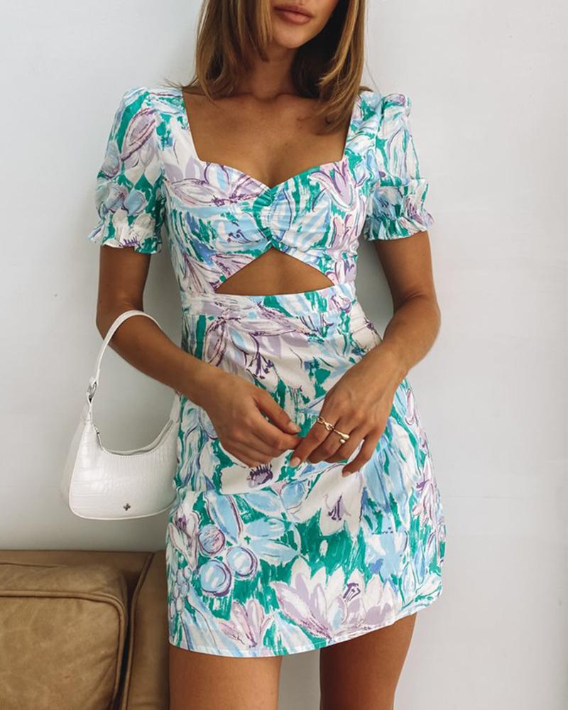 

Floral Print Short Sleeve Cut-out Skinny Dress, Green