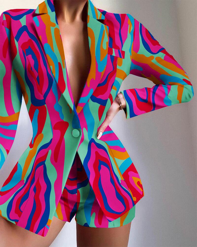 

Abstract Print Long Sleeve Lapel Collar Blazer, Green
