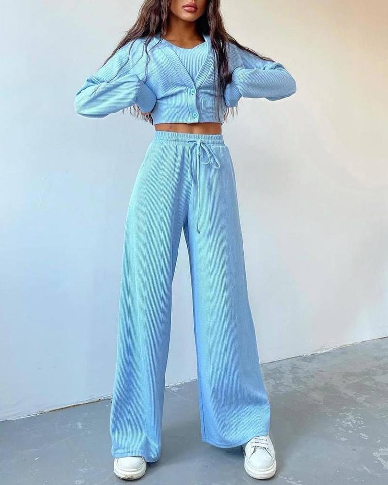 

Ribbed Crop Top & Drawstring Pants Set With Buttoned Coat, Blue