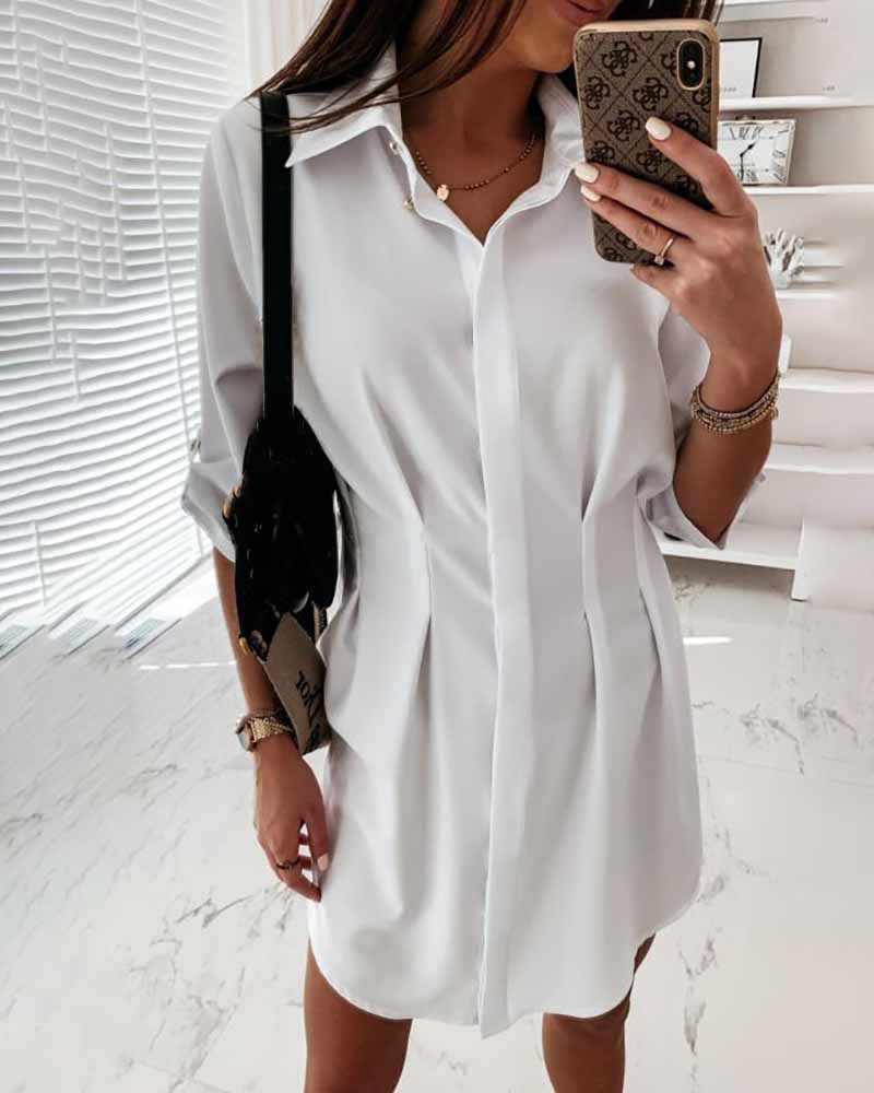 

Button Design Ruched Shirt Dress, White