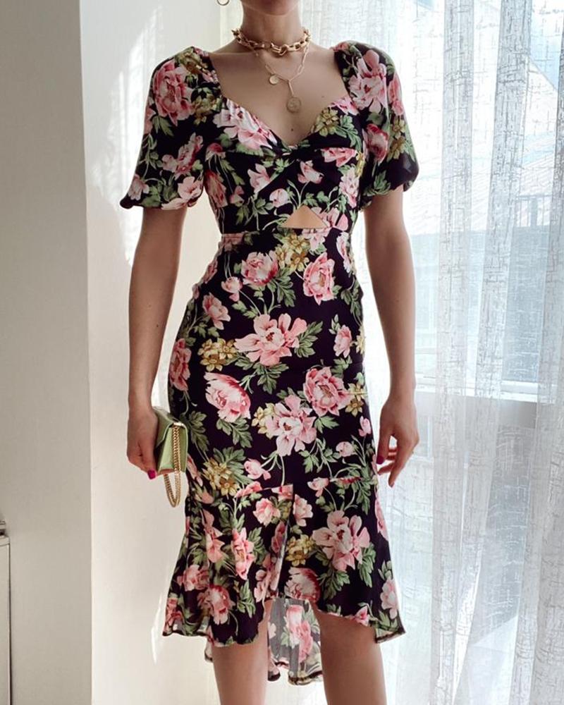 

Crisscross Backless Puff Sleeve Floral Print Dress, Black