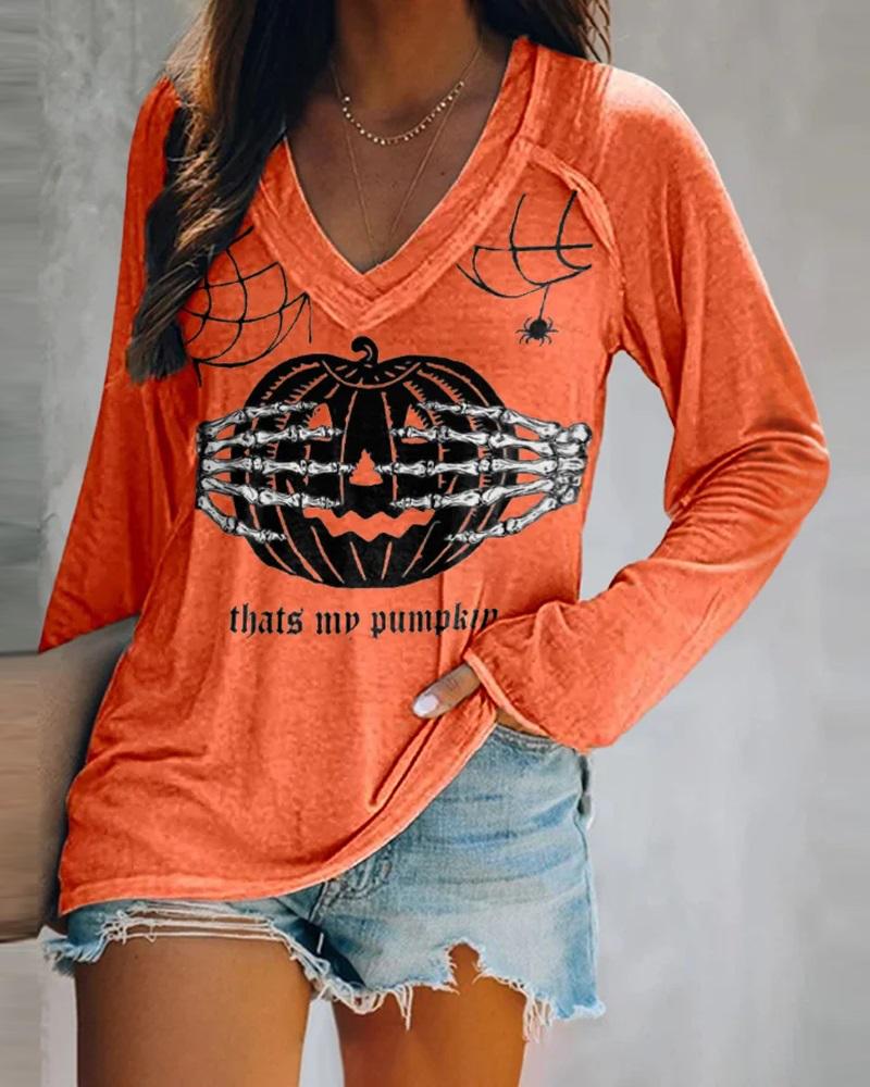 

Halloween Graphic Pumpkin Print Long Sleeve Top, Orange