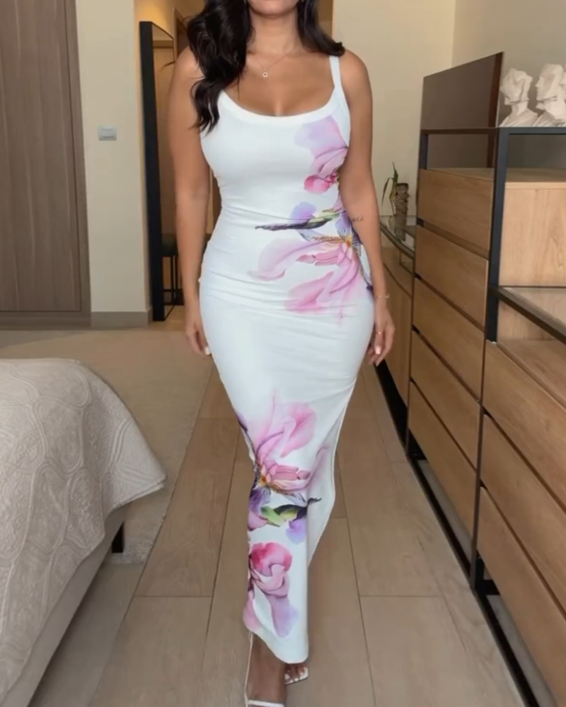 

Floral Print U-Neck Spaghetti Strap Side Slit Vacation Dress Slim Fit Ribbed Cami Dress, White
