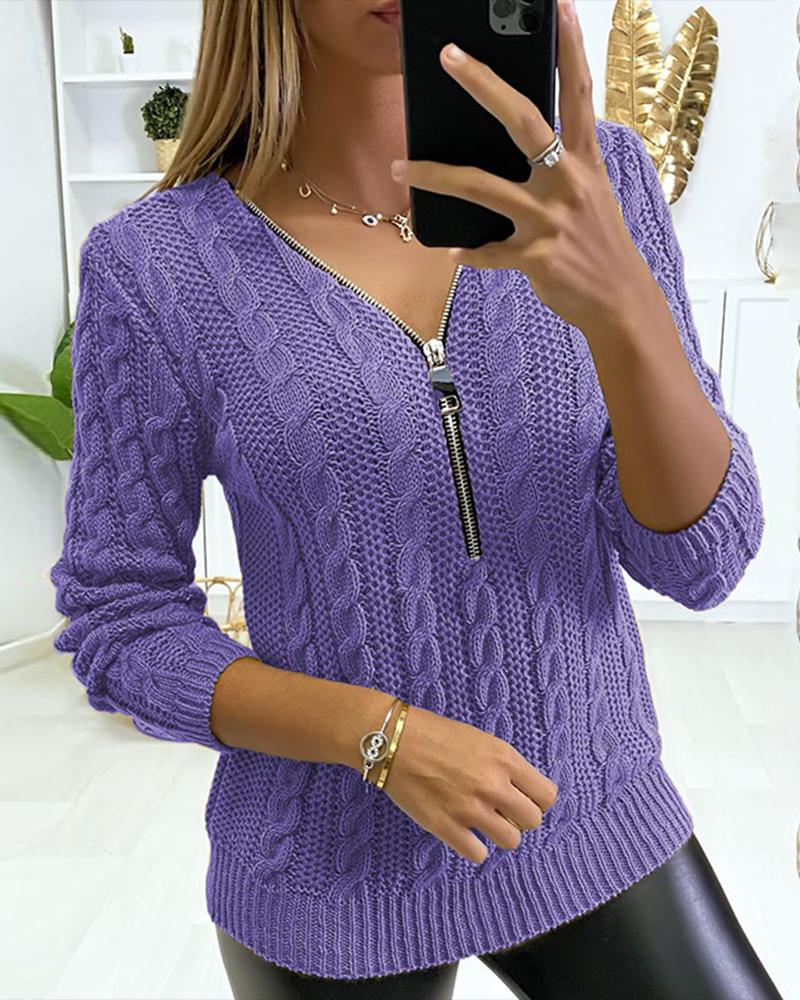 

Zipper Front V-Neck Cable Knit Sweater, Purple