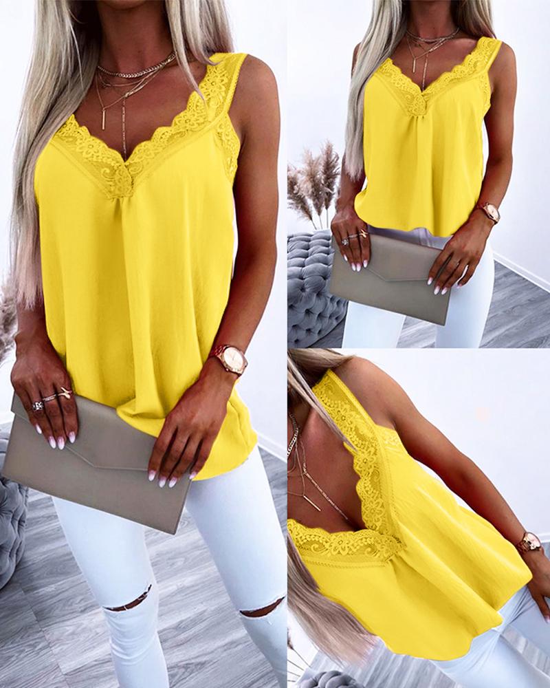 

V-Neck Contrast Lace Tank Top, Yellow