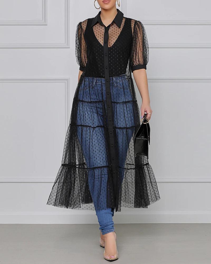 

Polkadot Print Sheer Mesh Short Sleeve Maxi Dress, Black
