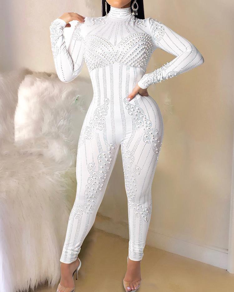 

Hot Drilling High Neck Petite Jumpsuit, White