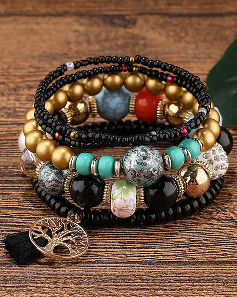 

1pc Bohemian Beaded Hollow Out Geometric Tassel Multi-layer Bracelet, Black