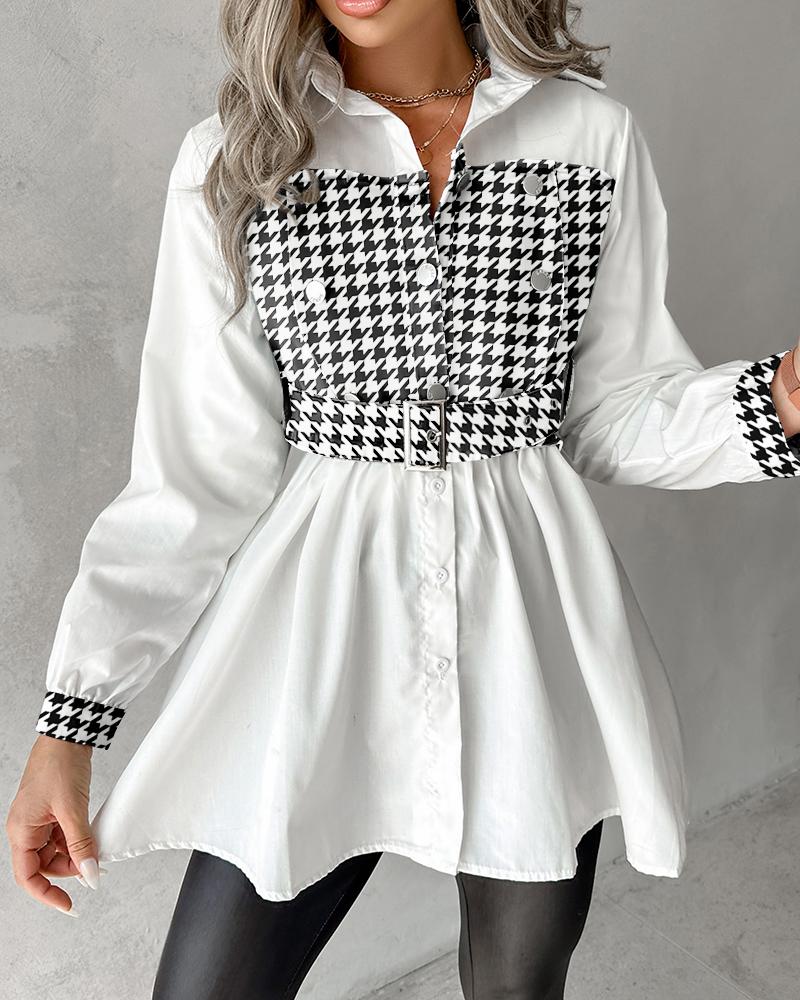 

Houndstooth Print Patchwork Belted Ruched Top, White