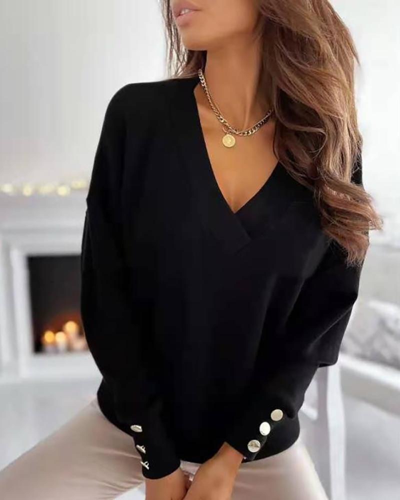 

Plain V Neck Button Design Long Sleeve Sweathirt, Black
