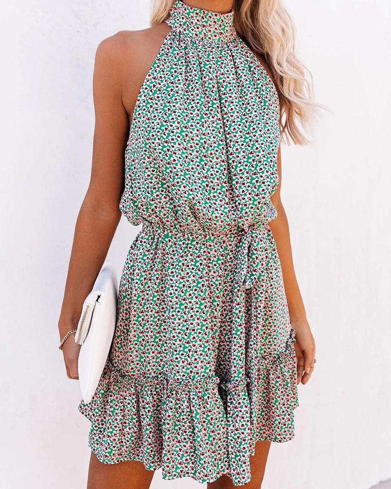 

Lace-up Floral Print Ruffle Hem Halter Sleeveless Mini Dress, Green