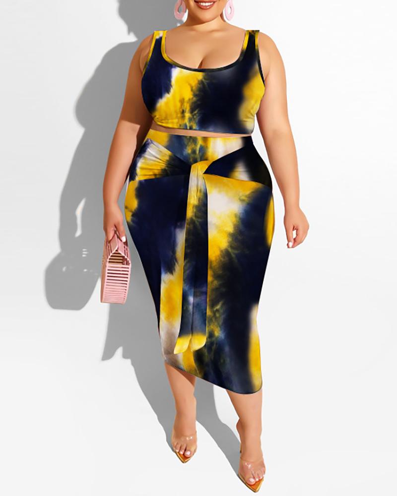 

Plus Size Tie Dye Print Thick Strap Top & Skirt Set, Yellow