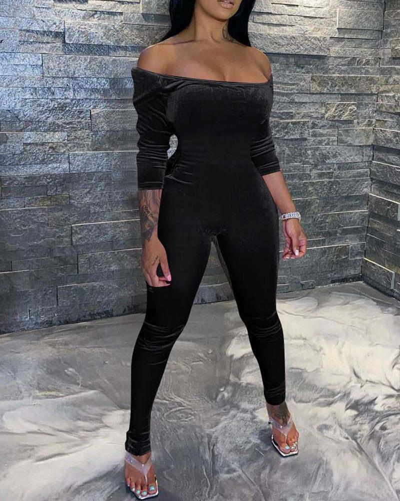 

Velvet Off Shoulder Skinny Jumpsuit, Black