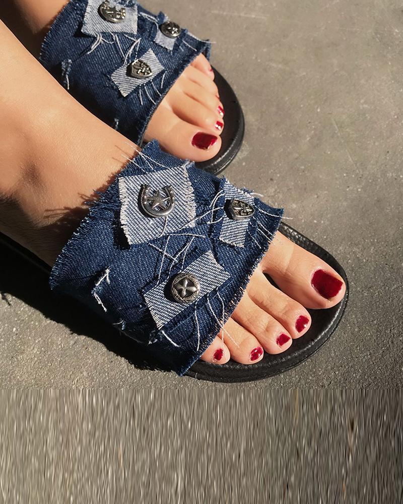 

Round-toe Patchwork Canvas Platform Slippers, Dark blue