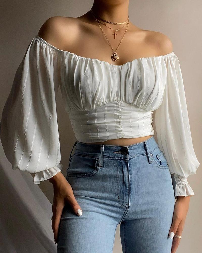 

Off Shoulder Ruched Lantern Sleeve Crop Top, White