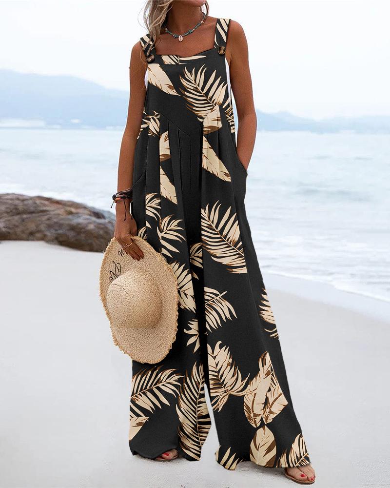 

Leaf Print Wide Leg Suspender Jumpsuit, Black