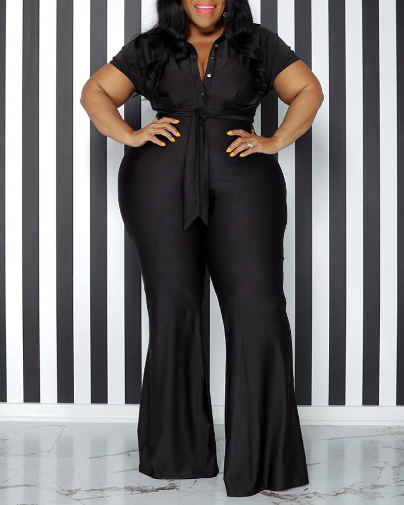 

Plus Size Button Front Belted Jumpsuit, Black