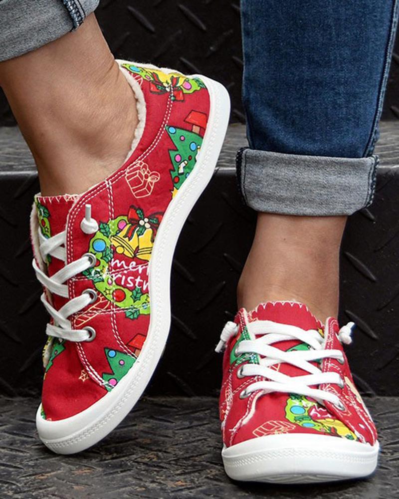 

Christmas Graphic Print Lace-up Lined Canvas Sneakers, Red