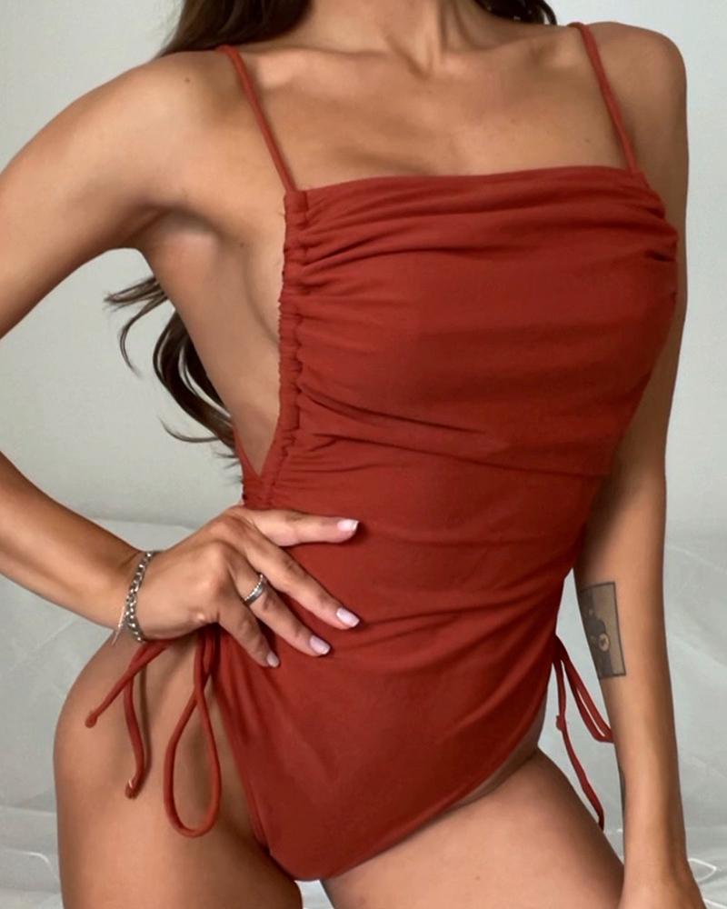 

Sleeveless Tied Detail Ruched One Piece Swimsuit, Brown