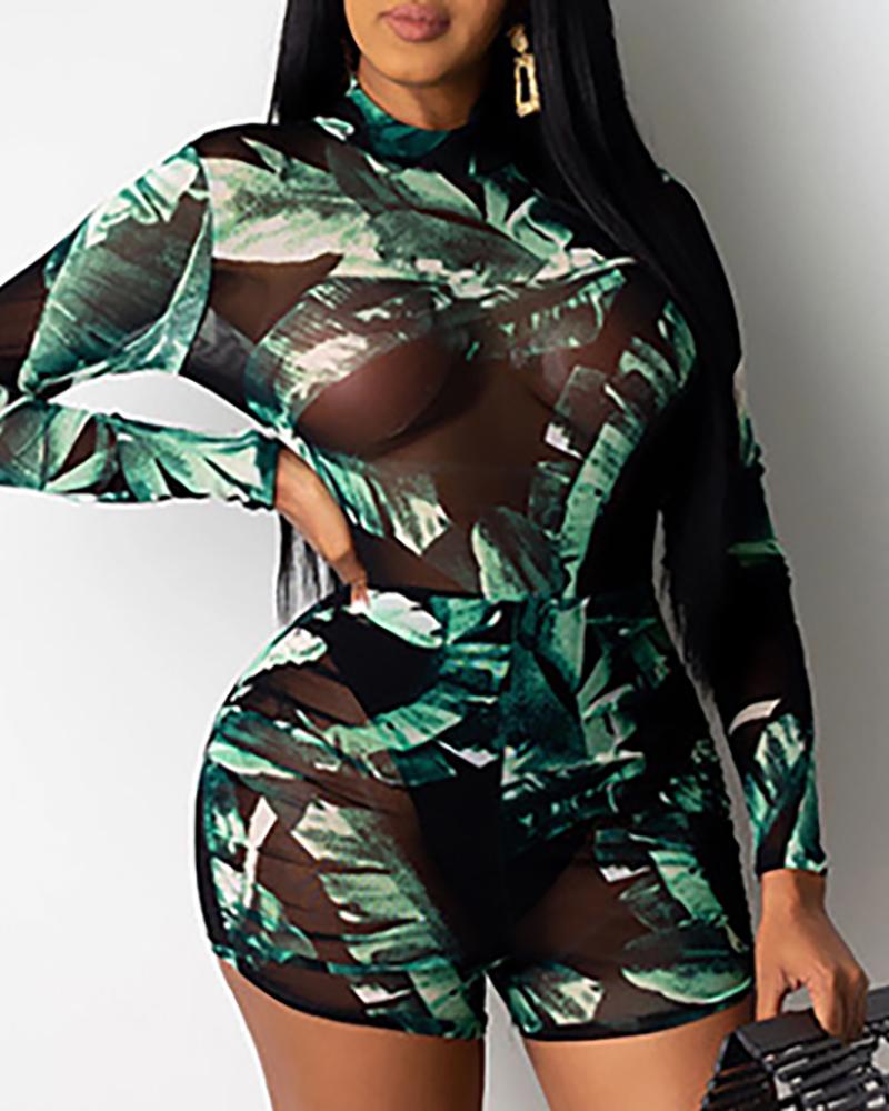 

Palm Leaf Print Sheer Mesh Plunge Romper, Green