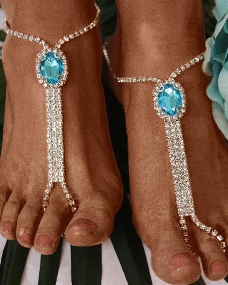 

2pcs Crystal Stone Rhinestone Fashion Jewelry Toe Ring Beach Anklets Set, Lighted blue