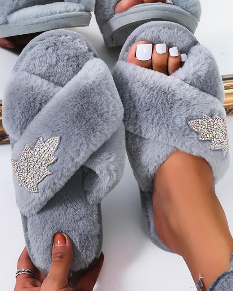 

Fuzzy Rhinestone Leaf Pattern Slippers, Gray
