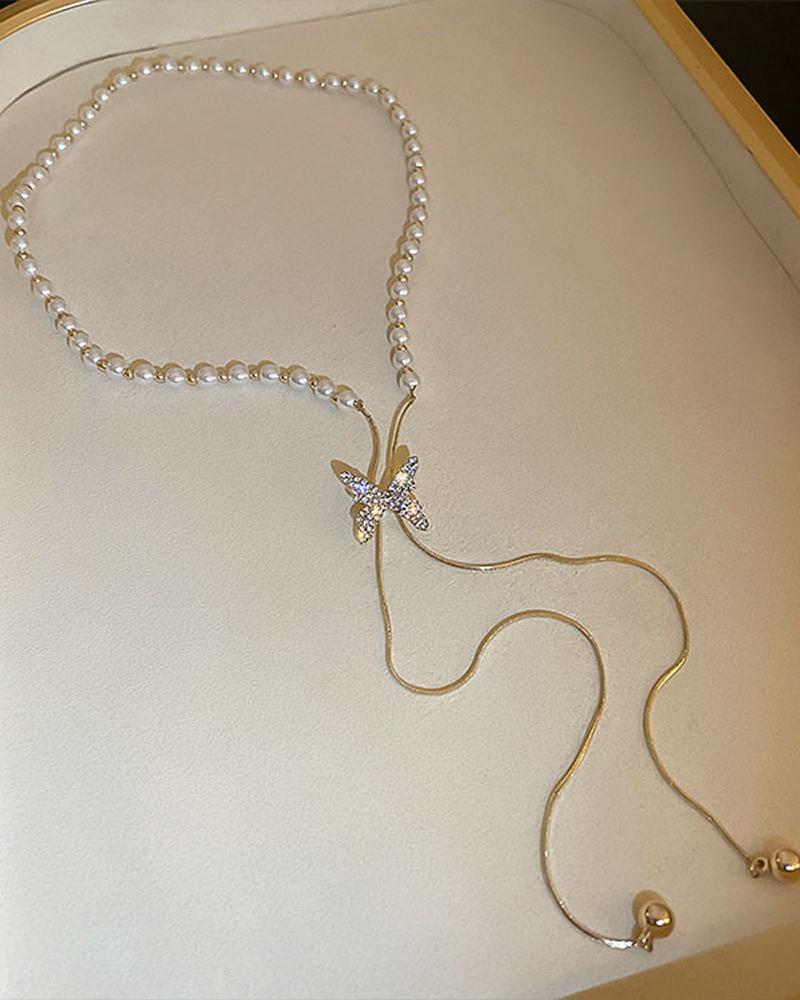 

Butterfly Pattern Rhinestone Decor Beaded Necklace, Silver