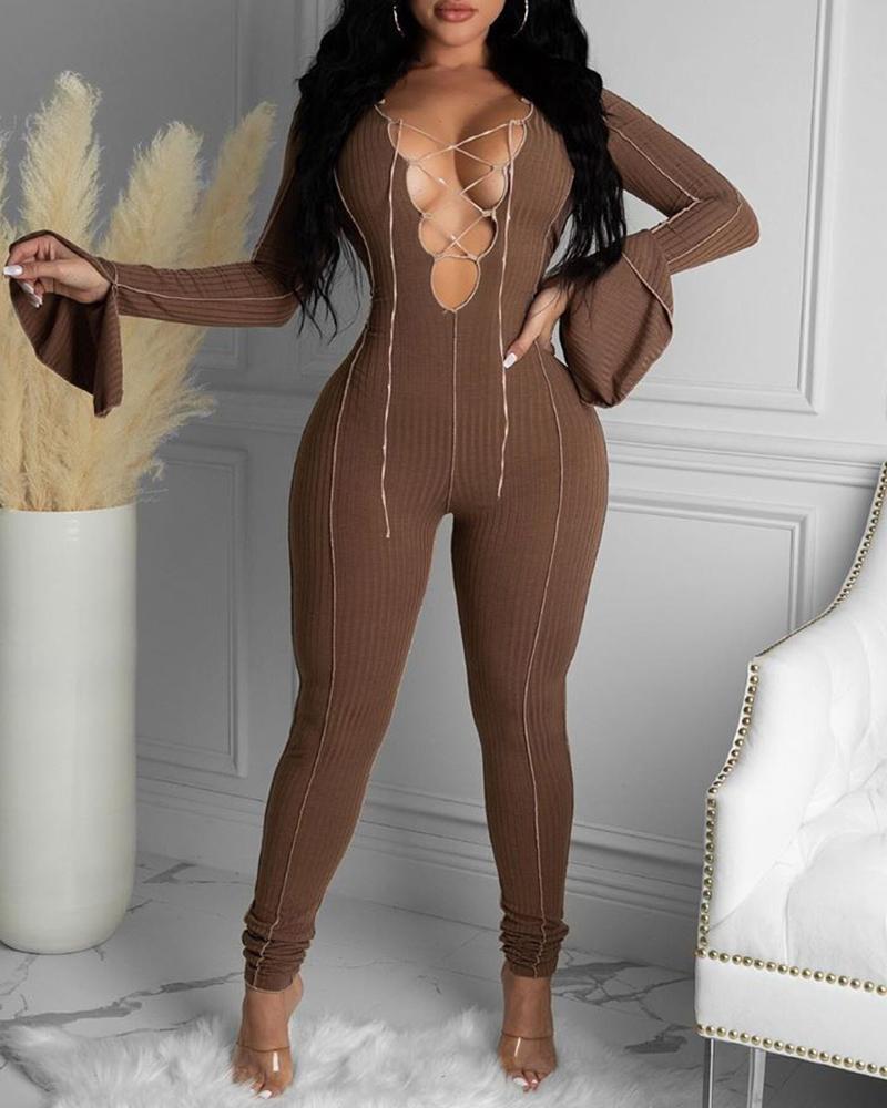 

Colorblock Lace-up Plunge Bell Sleeve Jumpsuit, Brown