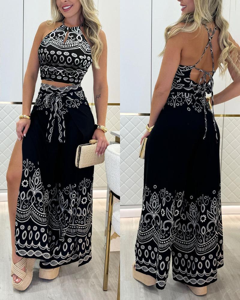 

2 Pieces Outfits Tribal Print Keyhole Neck Sleeveless Top and Wide Leg Tied Detail Slit Pants Sets, Black