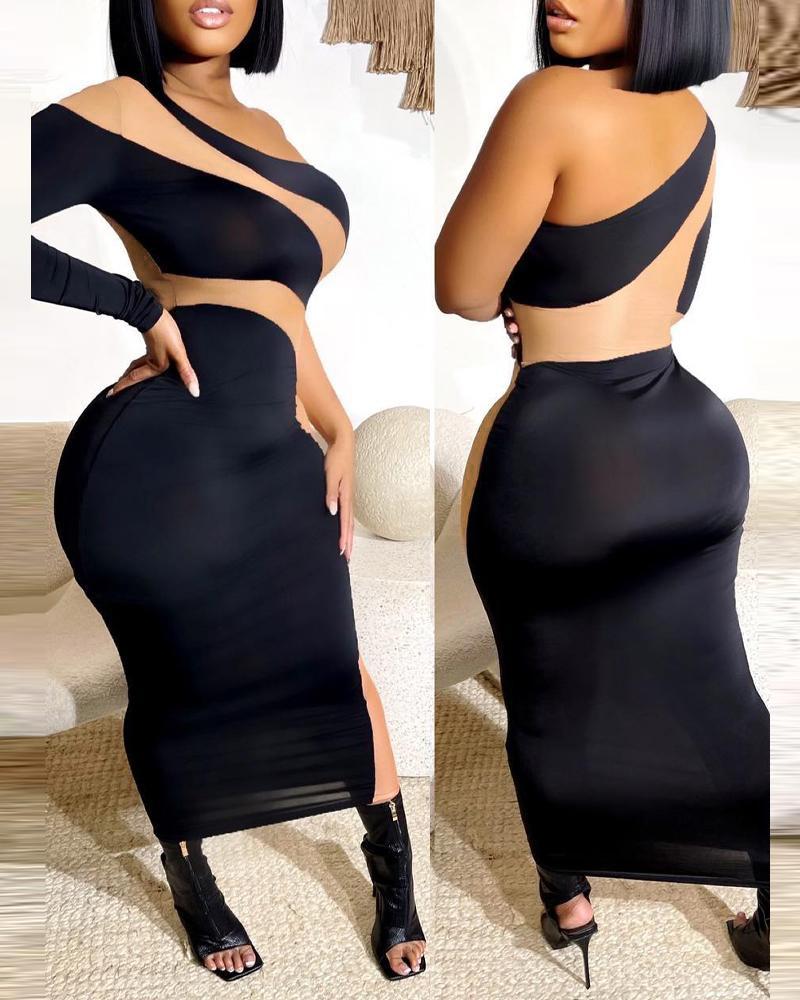 

Contrast Mesh One Shoulder Bodycon Dress, Black