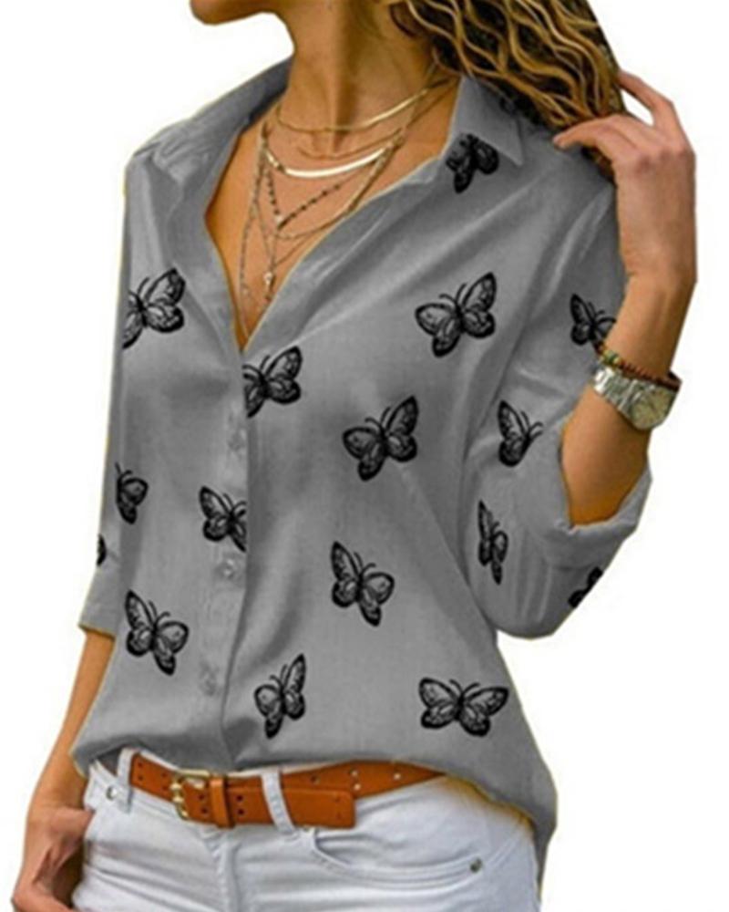 

Butterflies Print Long Sleeve Shirt, Gray