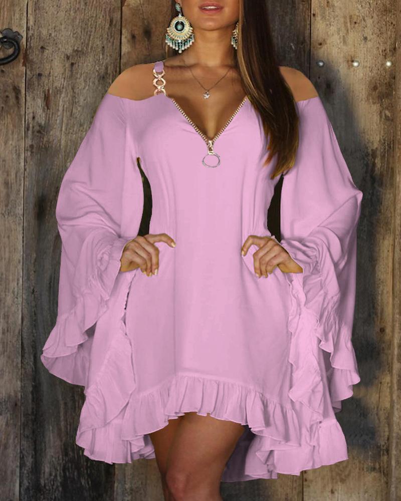 

Bell Sleeve Ruffles Zipper Design Casual Dress, Pink