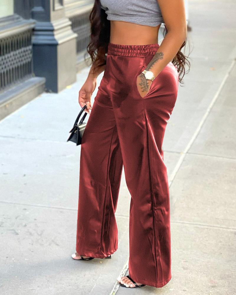 

PU Leather Pocket Design Wide Leg Pants, Wine red