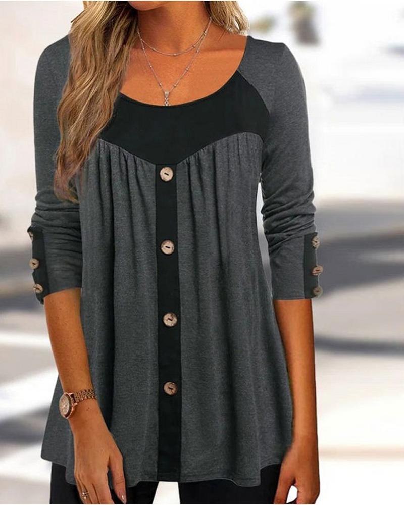 

Contrast Paneled Button Detail Long Sleeve Top, Gray
