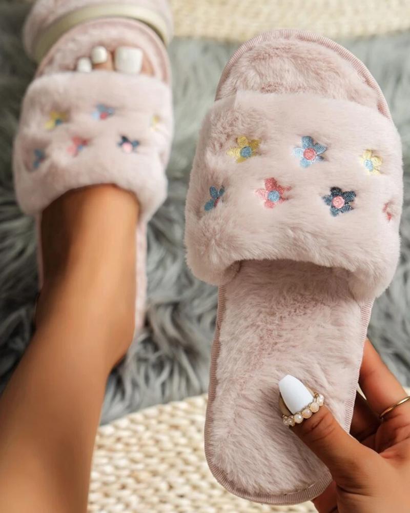 

Floral Pattern Fuzzy Slippers, Pink