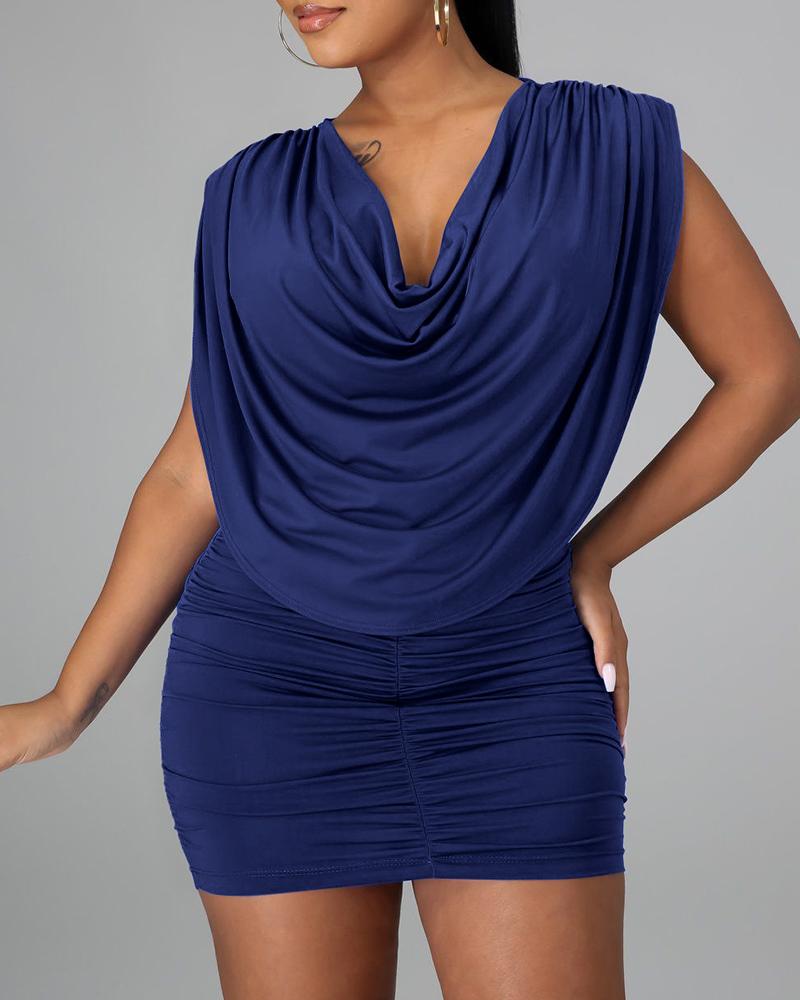 

Cowl Neck Ruched Sleeveless Bodycon Dress, Dark blue