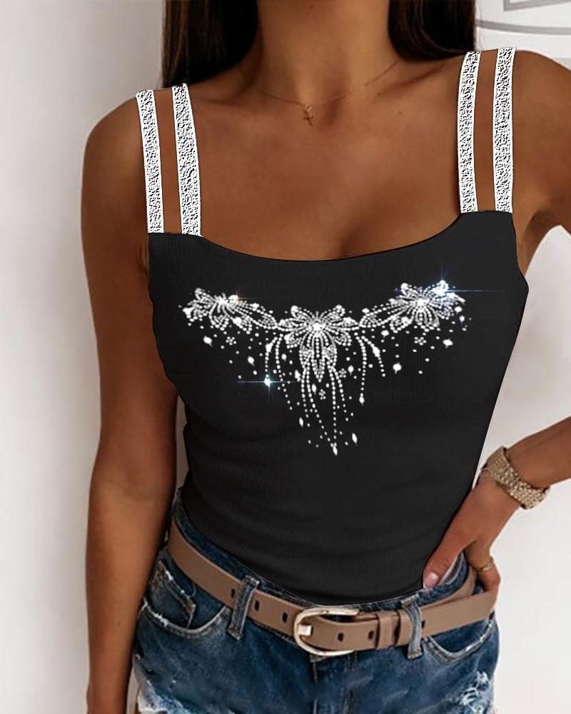 

Rhinestone Decor Ribbed Tank Top, Black
